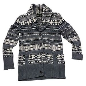 Eddie Bauer Fair Isle Shawl Collar Cardigan Sweater Gray Black White Size S